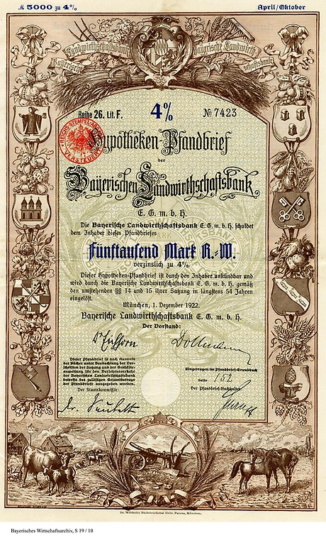Hypothekenpfandbrief der Bayerischen Landwirtschaftsbank, 1922. (Foto: BWA)