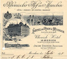 Briefkopf des Hotels Rheinischer Hof, 1894. Links unten eine Ansicht des Münchner Hauptbahnhofs.