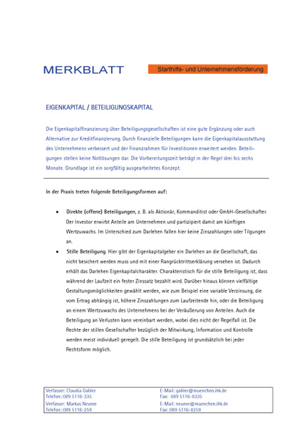 Merkblatt Eigenkapital/Beteiligungskapital