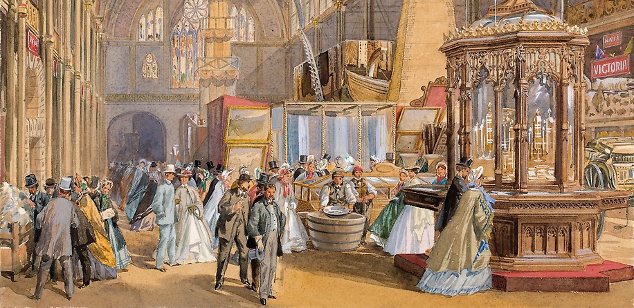 Panorama: Weltausstellung 1862 in London – der Crystal Palace im Hyde Park zeigt die Victorianische Sammlung.
