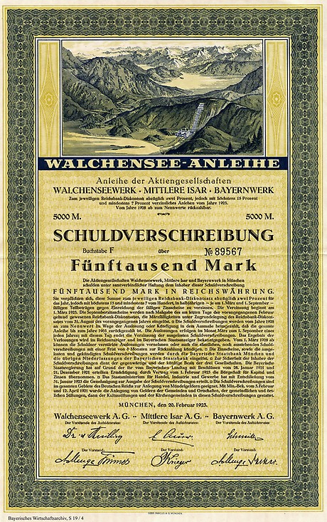 Walchensee-Anleihe für die Finanzierung des Hochdruck-Speicherkraftwerks, 1923. (Foto: BWA)