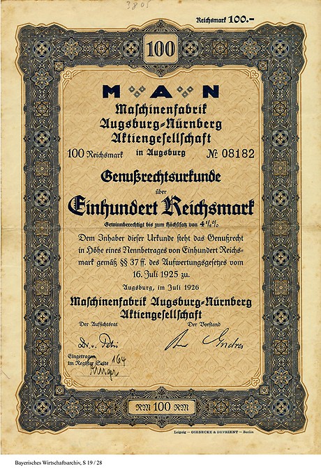 Aktie der Maschinenfabrik Augsburg-Nürnberg AG, 1926. (Foto: BWA)