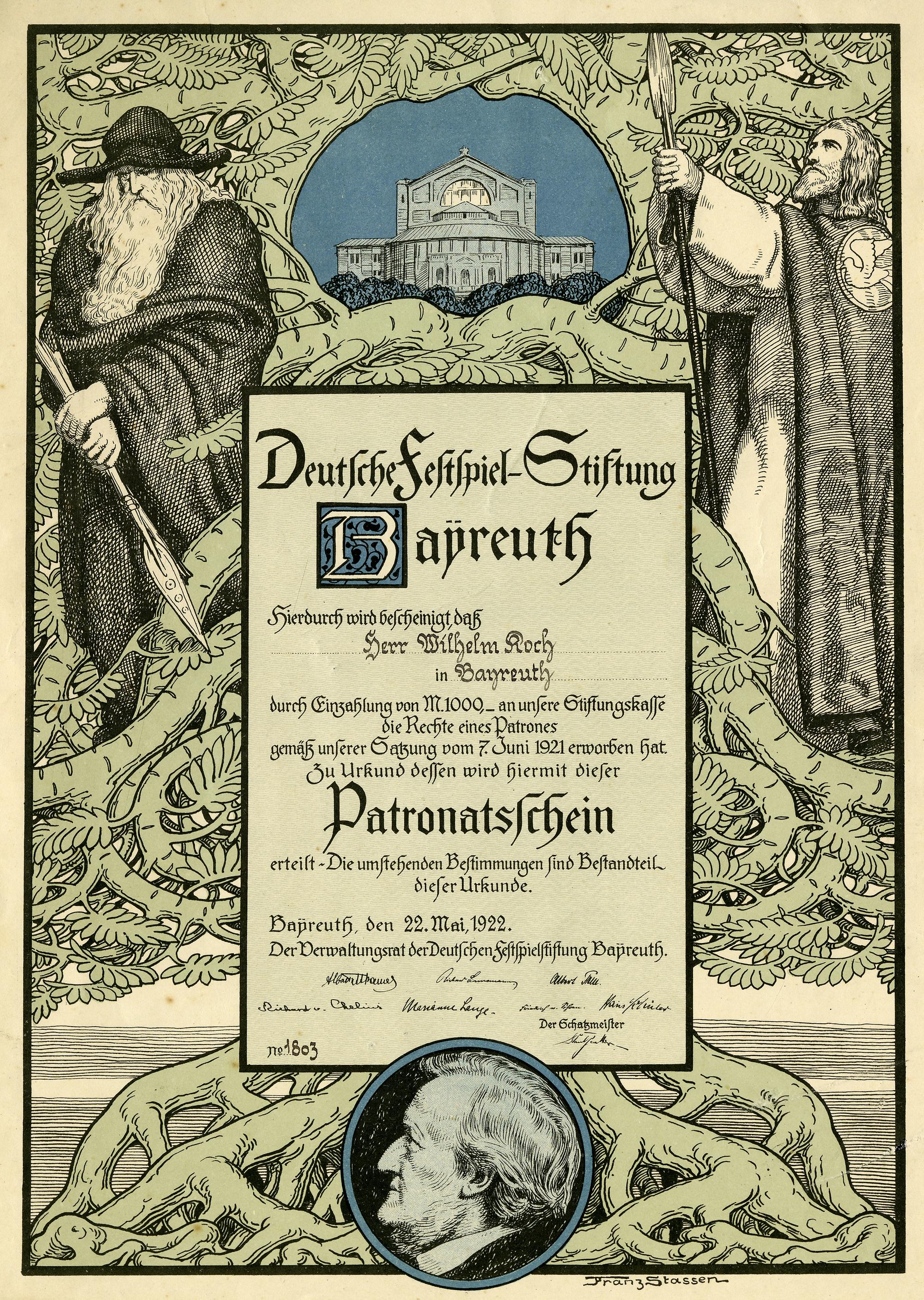 Patronatsschein der Deutschen Festspiel-Stiftung Bayreuth 1922, nach einem Entwurf von Franz Stassen.
