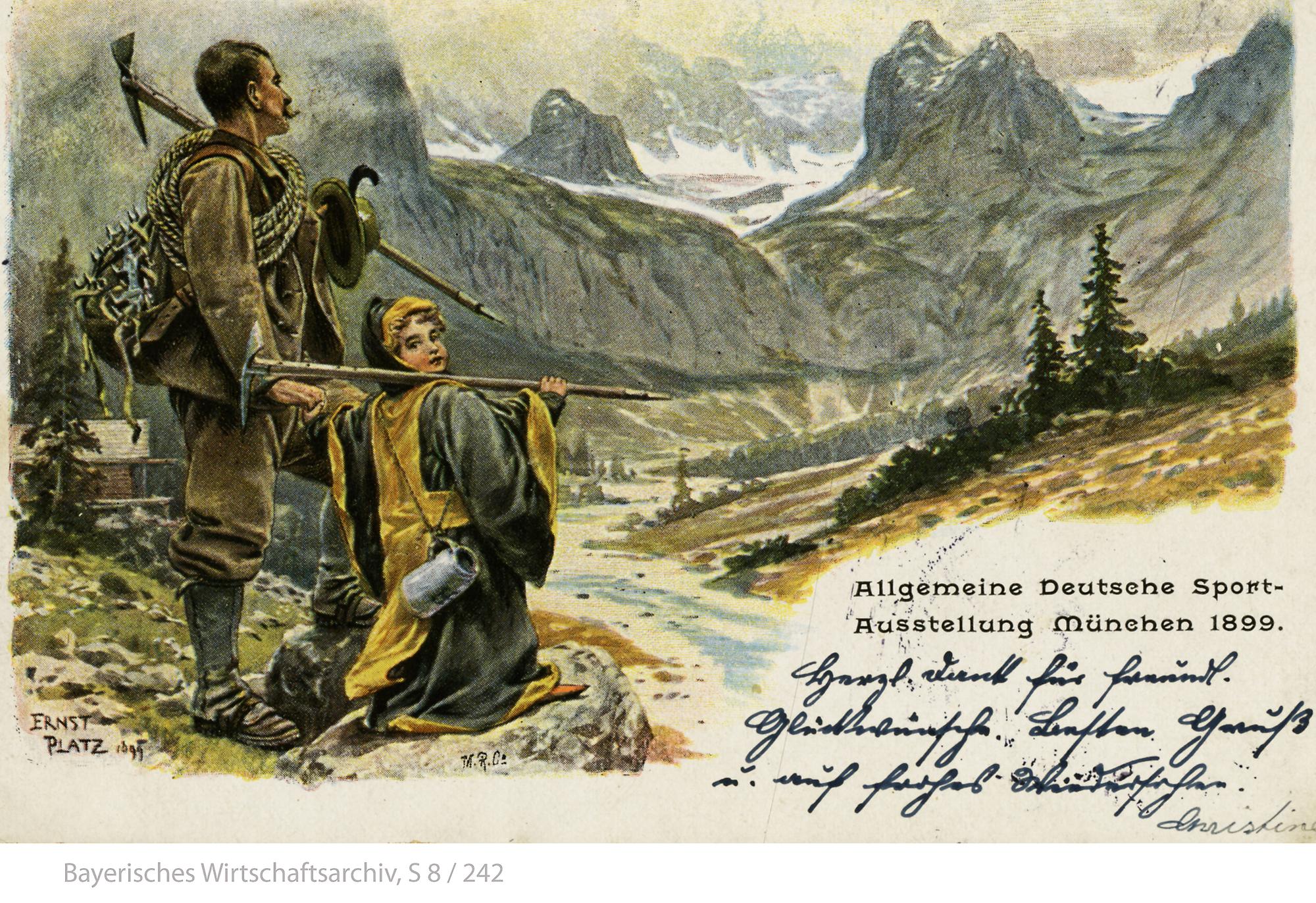 ‎„Mit Seil und Haken“: Künstlerkarte des „Bergmalers“ Ernst Platz, 1899 (Foto: BWA)