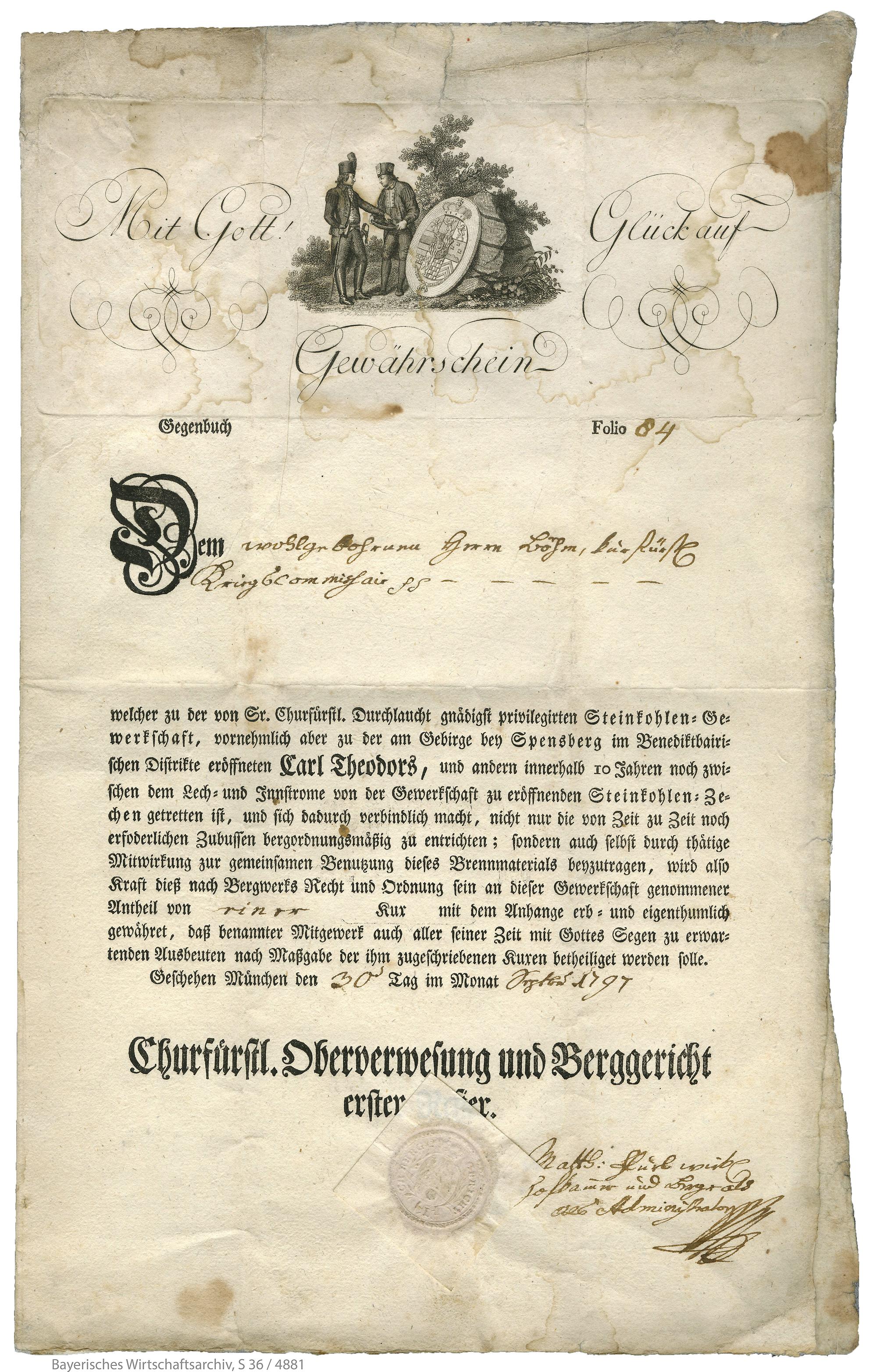 Das älteste bekannte bayerische Wertpapier: Der Anteilschein der Carl-Theodor-Zeche in Penzberg mit der Unterschrift des Berg- und Münzrats Matthias von Flurl, 1797