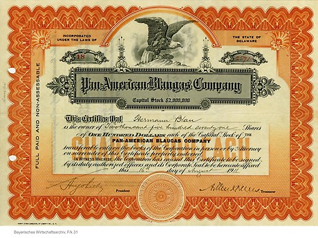 Aktie der Pan-American Blaugas-Company für Hermann Blau, 1911. (Foto: BWA)