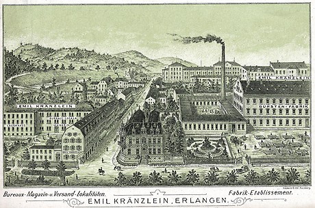 Werbung der Bürstenfabrik Emil Kränzlein mit Firmenansicht, um 1895.