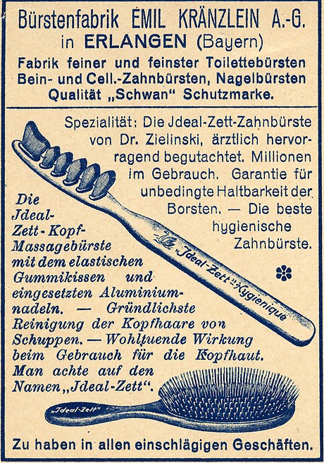 Werbung für Kopf- und Zahnbürsten der Marke „Ideal-Zett“, um 1914.