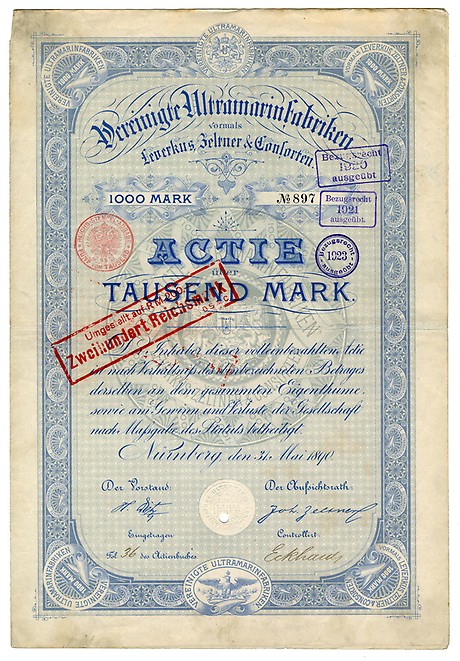 Vereinigte Ultramarinfabriken vormals Leverkus, Zeltner & Consorten in Nürnberg, 1890.