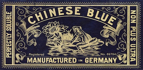 Warenzeichenetikett der Chemischen Fabrik Holtzapfel in Grub am Forst für Chinablau, 1910.