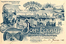 Briefkopf von 1903 der Münchner Fruchtsäfte und Conservenfabrik Johannes Eckart, aus der die Pfanni-Werke hervorgegangen sind.
