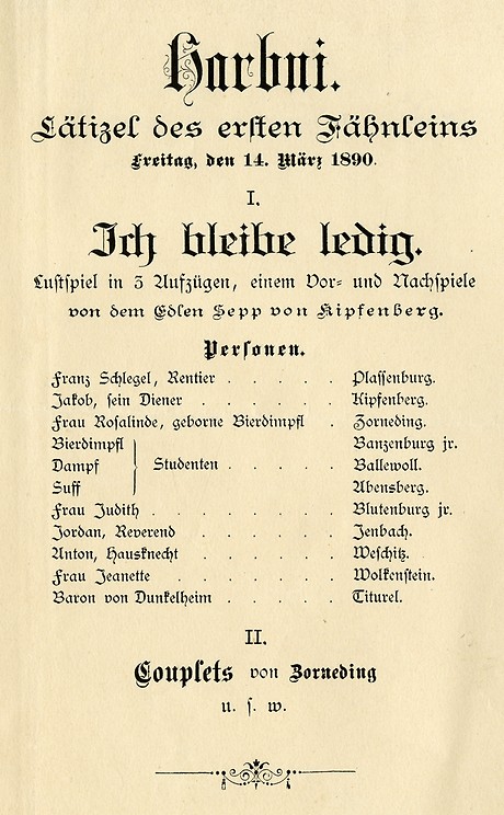 Programm des Lätizel von 1890 „Ich bleibe ledig.“ (Foto: BWA)