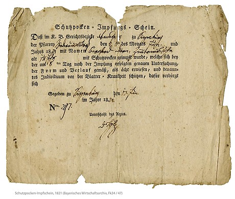 Schutz für die Kleinsten: Impfschein für den eineinhalbjährigen Sohn eines Zimmermeisters in Siegenburg bei Abensberg, 1821.