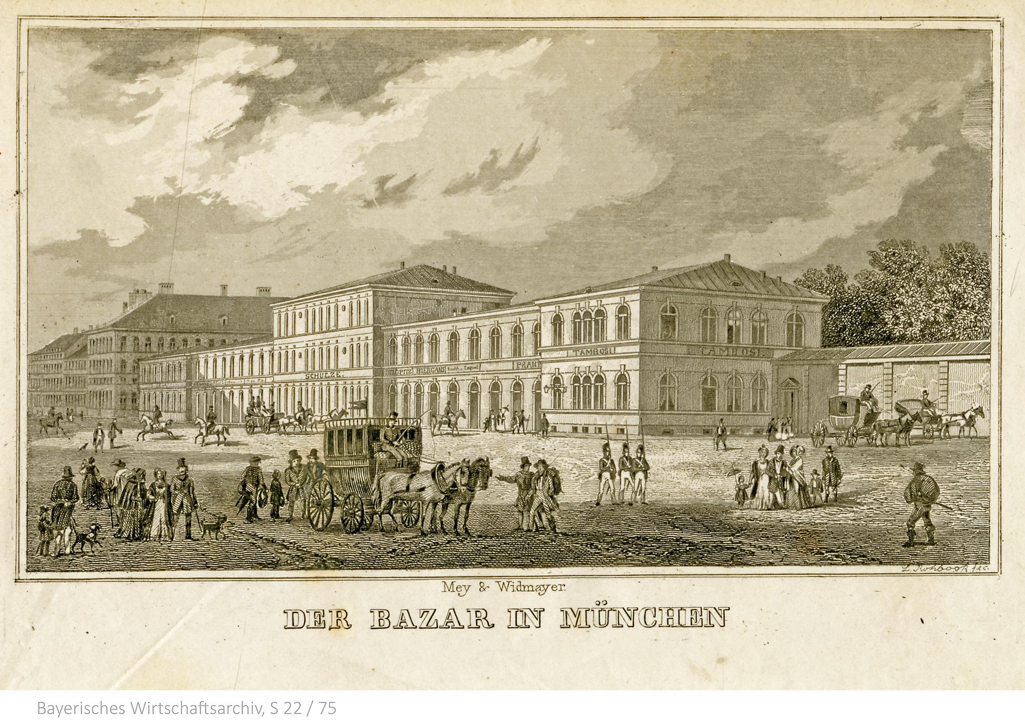 Nachdruck eines Stichs mit Blick vom Odeonsplatz auf den "Bazar" mit "Tambosi" München, um 1850