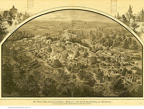 Blick auf das Ausstellungsgelände der Landesausstellung 1882 auf dem Maxfeld in Nürnberg. (Foto: BWA)