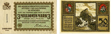 Notgeld der Bayerischen Berg-, Hütten- und Salzwerke vom 14. August 1923 (links)<br /> Kriegsgeld der Stadt Burghausen: Kleingeldschein 1918. (rechts)