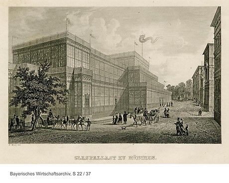 Halle der Industrie-Ausstellung zu München im ehemaligen Glaspalast auf dem heutigen Gelände des Alten Botanischen Gartens, Stahlstich von E. Krug aus dem Jahr 1854 (Foto: BWA)