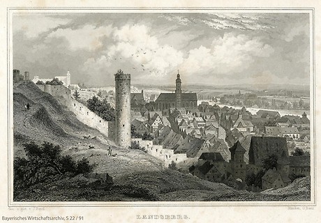 Stahlstich der Stadt Landsberg des Landschaftsmalers und Architekturzeichners Johann Poppel, 1846 (Foto: BWA)