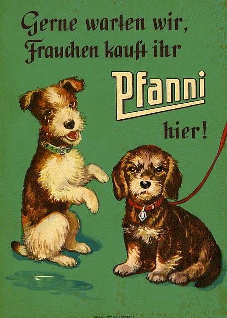 Verbotsschild für Hunde im Lebensmittelgeschäft mit Pfanni-Werbung, um 1960(Foto: BWA).