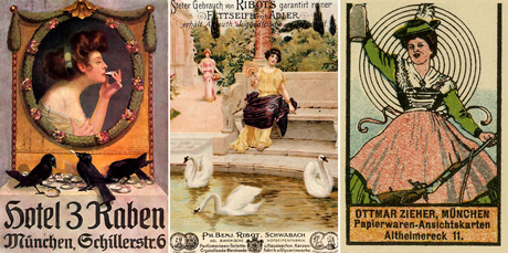 Postkarte des Hotels „Drei Raben“, um 1905, Werbepostkarte für Ribot’s Fettseife, um 1900, Reklamemarke des bekannten Münchner Postkartenverlags Ottmar Zieher, um 1911 (Foto:BWA)