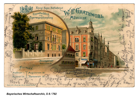 Postkarte der Zigarettenfabrik Grathwohl in München, um 1900 (Foto:BWA)