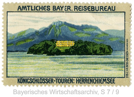  Reklamemarke des Amtlichen Bayerischen Reisebüros mit Werbung für die Herreninsel im Chiemsee, um 1910. (Foto: BWA)