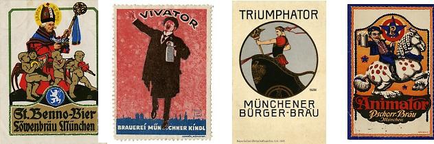 Foto von links: Reklame für das „Benno-Bier“ von Löwenbräu, um 1903, Reklamemarke mit dem „Vivator“ der Münchner Kindlbrauerei, um 1905,  Werbung für den „Triumphator“ des Münchener Bürgerbräu, um 1910, Werbung für den „Animator“ des Pschorr-Bräu, um 1905. (Foto: BWA)