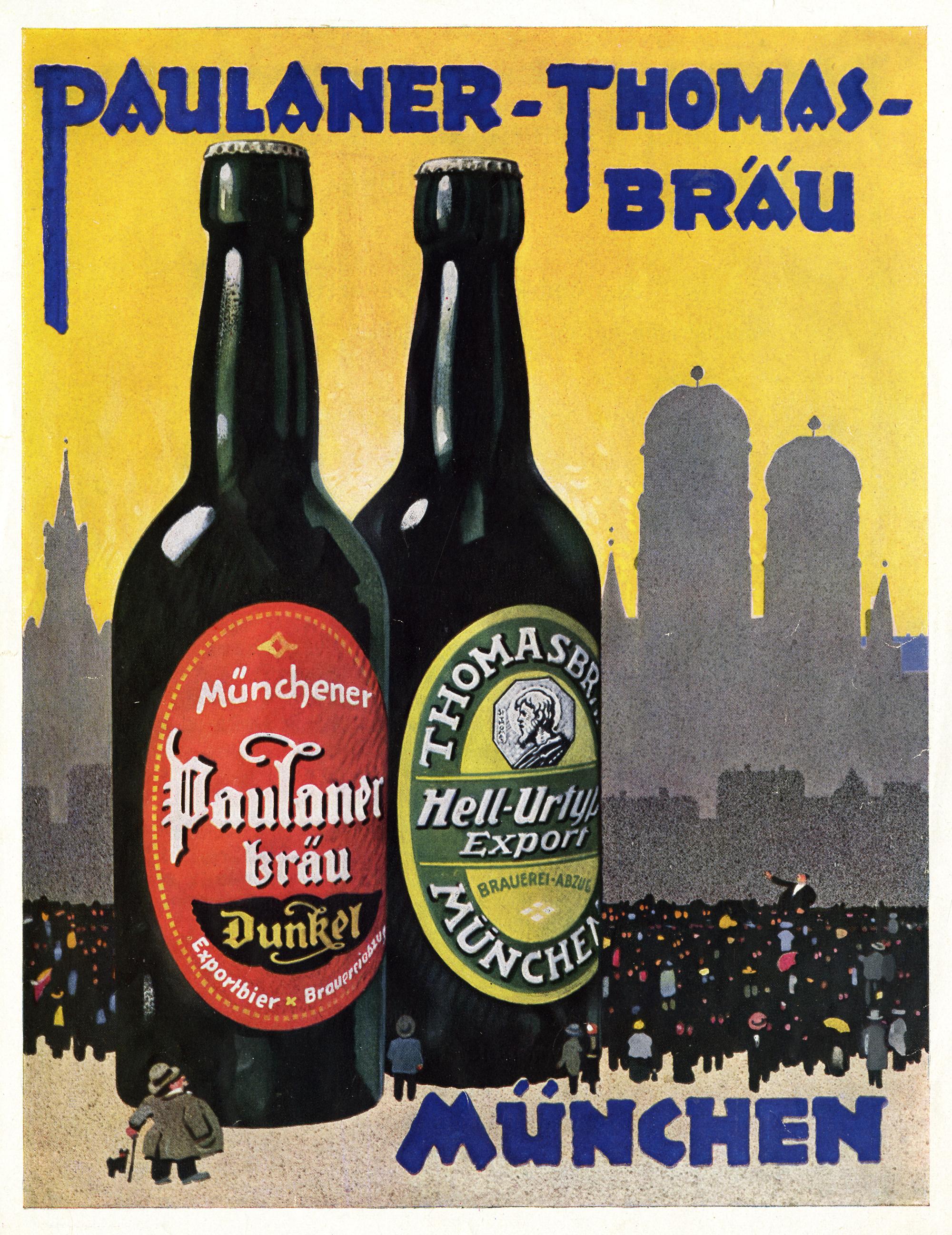Werbung für den Zusammenschluss von Paulaner und Thomasbräu, 1928