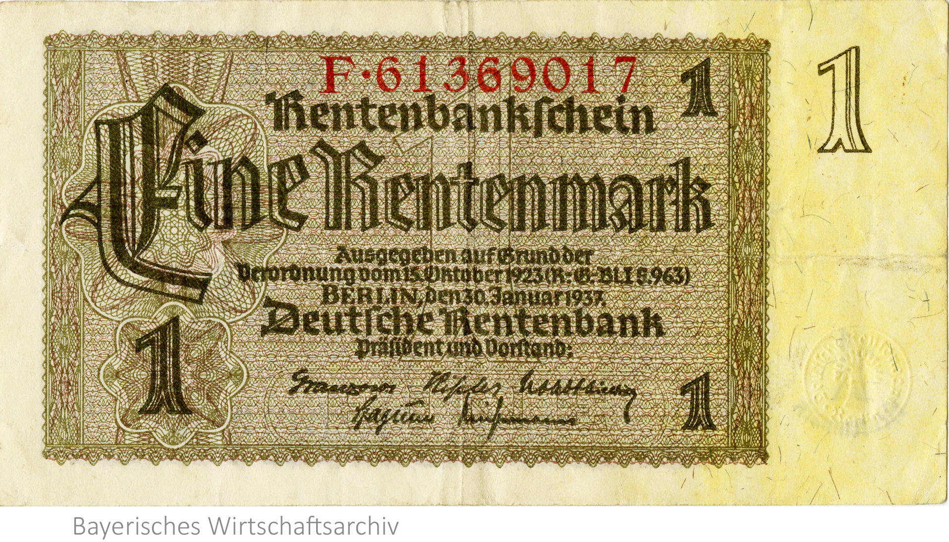 Rentenbankschein über eine Rentenmark, 30. Januar 1937
