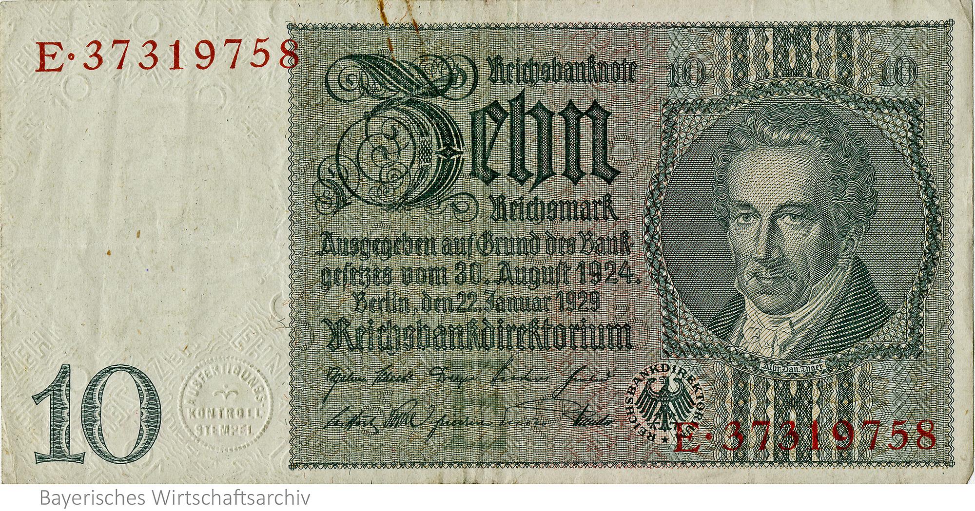 Reichsbanknote über zehn Reichsmark, 22. Januar 1929 Abgebildet ist Professor Albrecht Daniel Thaer (1752–1828). Er gilt als Begründer der Agrarwissenschaft in Deutschland.