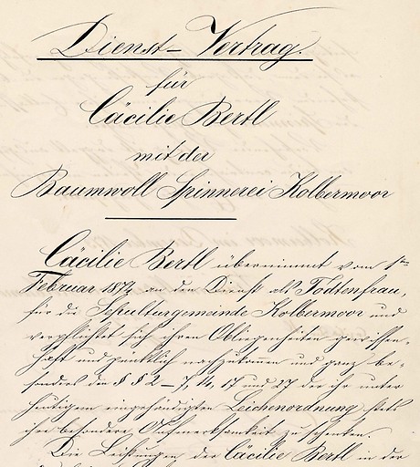 Dienstvertrag der Baumwollspinnerei Kolbermoor mit der „Todtenfrau“ Cäcilie Bertl, 1873.(Foto: BWA)