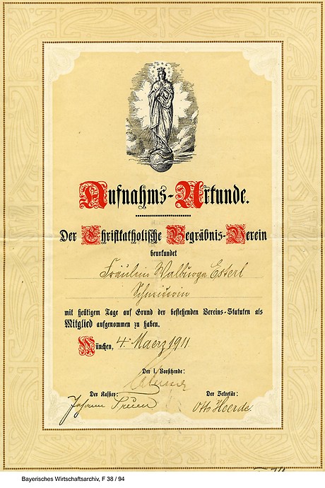Aufnahmeurkunde des Christkatholischen Begräbnisvereins für die Schnitzerin Walburga Esterl, 1911.(Foto: BWA)