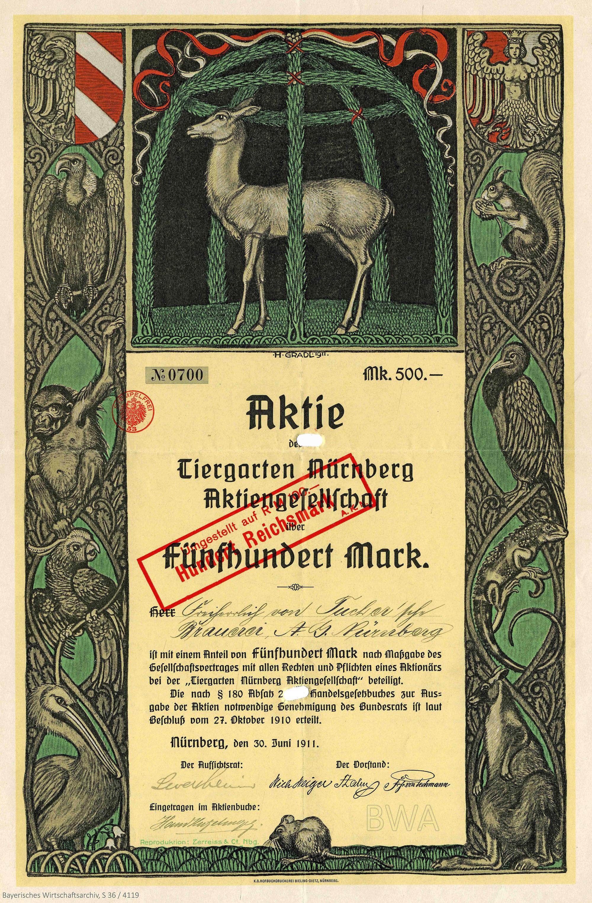 Gründeraktie für die Tiergarten Nürnberg AG, 1911