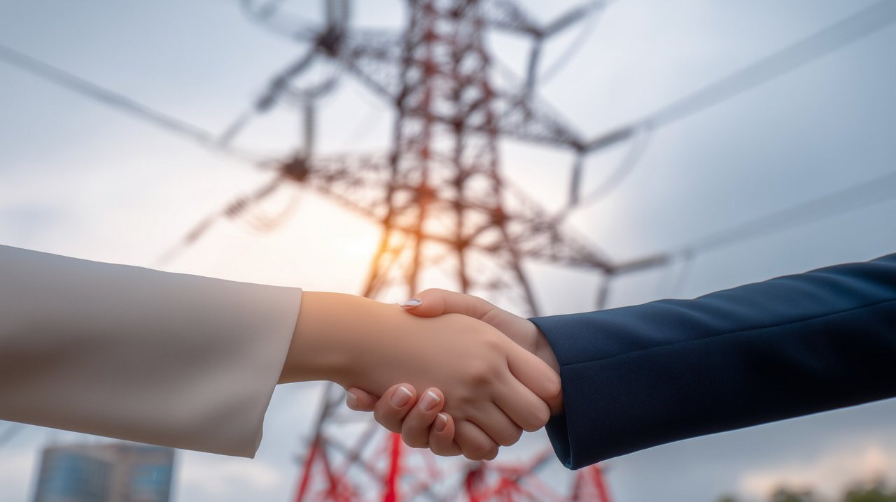 Business people shaking hands in front of electricity pylon at sunset