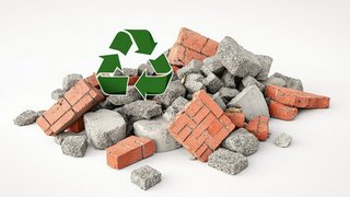 Recyclable construction debris pile with a green recycle symbol. Pieces of broken bricks and concrete, signifying waste material Recyclable construction debris pile with a green recycle symbol. Pieces of broken bricks and concrete, signifying waste material
