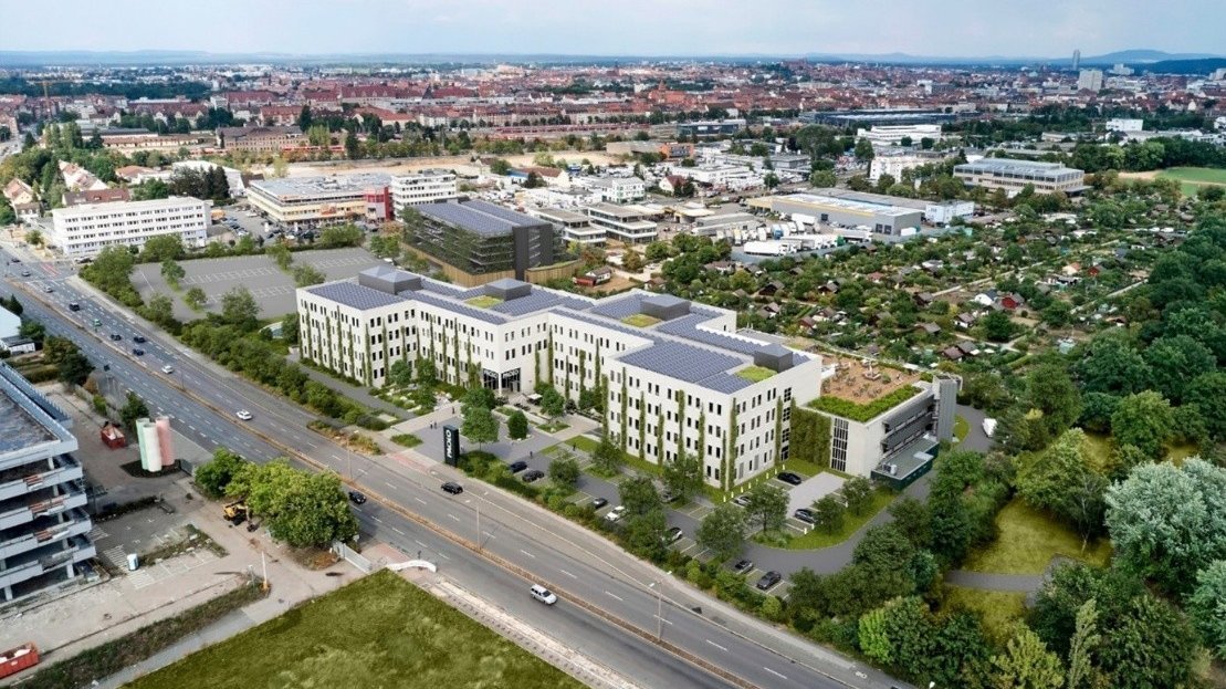 Luftbild des neuen Standorts von der Firma Gertek im „Paolo Business Park“ in der Nürnberger Von-der-Tann-Straße.