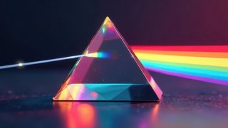 Close-up of prism dispersing light into rainbow spectrum, photon, refraction, diffraction