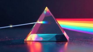 Close-up of prism dispersing light into rainbow spectrum, photon, refraction, diffraction