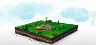 3d illustration of a soil slice, crawler crane, hoisting crane , building a house, on green meadow isolated on white background