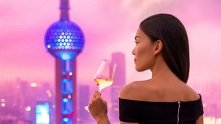 Elegant asian woman in gown drinking white wine glass at rooftop bar terrace looking at city lights skyline view of Shanghai in sunset. Luxury travel or high end lifestyle.