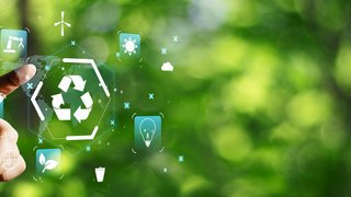 Hand touching eco icons with recycling symbol on green blurred background for sustainability concept and environmental awareness theme.""
