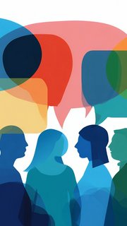 Menschen kommunizieren miteinander, dargestellt durch bunte Sprechblasen.