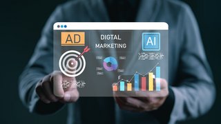 Businessman using AI technology and analytics for digital marketing strategy via virtual dashboard. Concept of online advertising, data-driven marketing, SEO, and artificial intelligence in business.