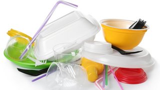 1327419616 Set with different plastic items on white background. Banner design