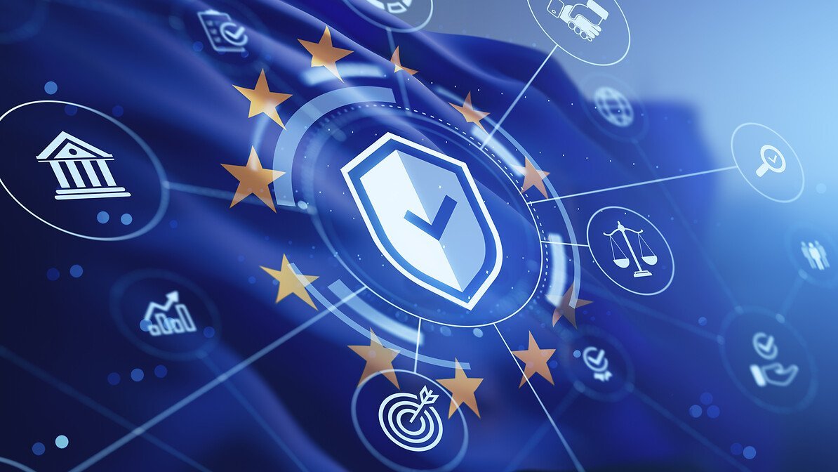 European data protection and cybersecurity concept with icons and EU stars on digital blue background representing GDPR compliance and governance system.