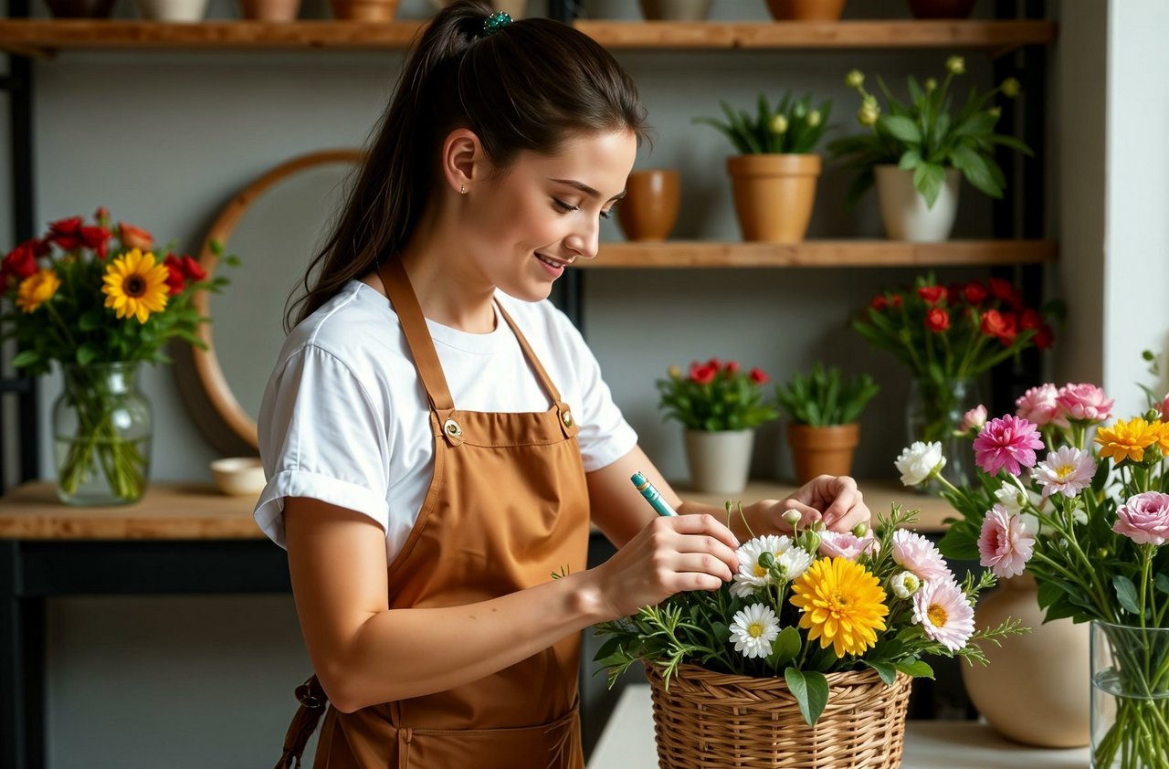 A florist girl in a flower shop collects a bouquet of flowers