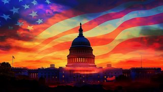 Das Weiße Haus in den USA in der Abenddämmerung.