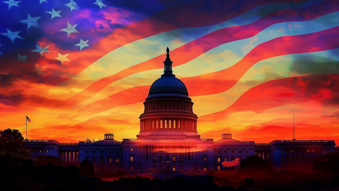 Das Weiße Haus in den USA in der Abenddämmerung.