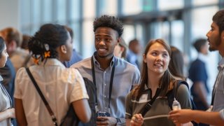 Various individuals engage in interactions and conversations at a lively career fair setting