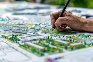 Urban planners sketching eco-friendly city layouts, solar panels, and green roofs, vibrant concept boards displayed